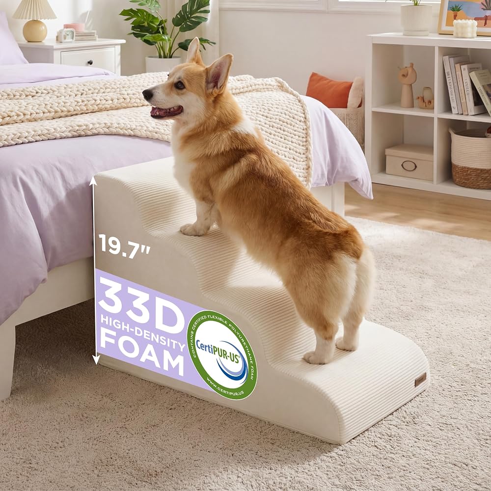 Lesure 4 step foam dog stairs for small dogs beside a bed